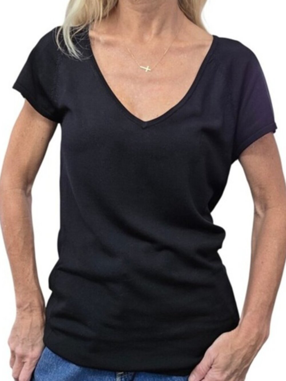 White House Black Market Black Silk Blend V Neck Knit Tunic Top XS